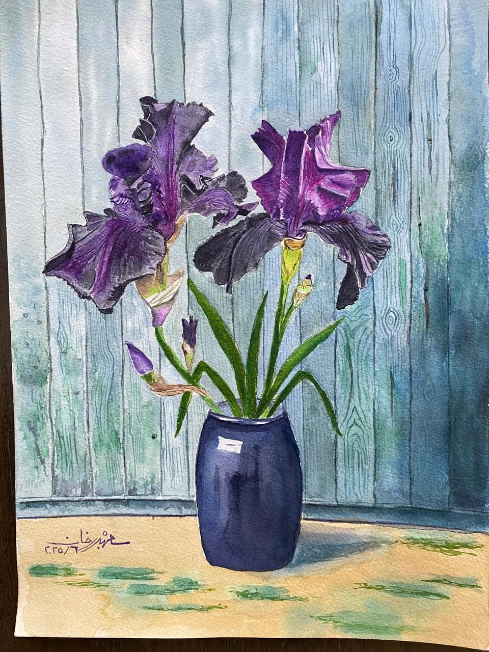 Irises in a Blue Vase